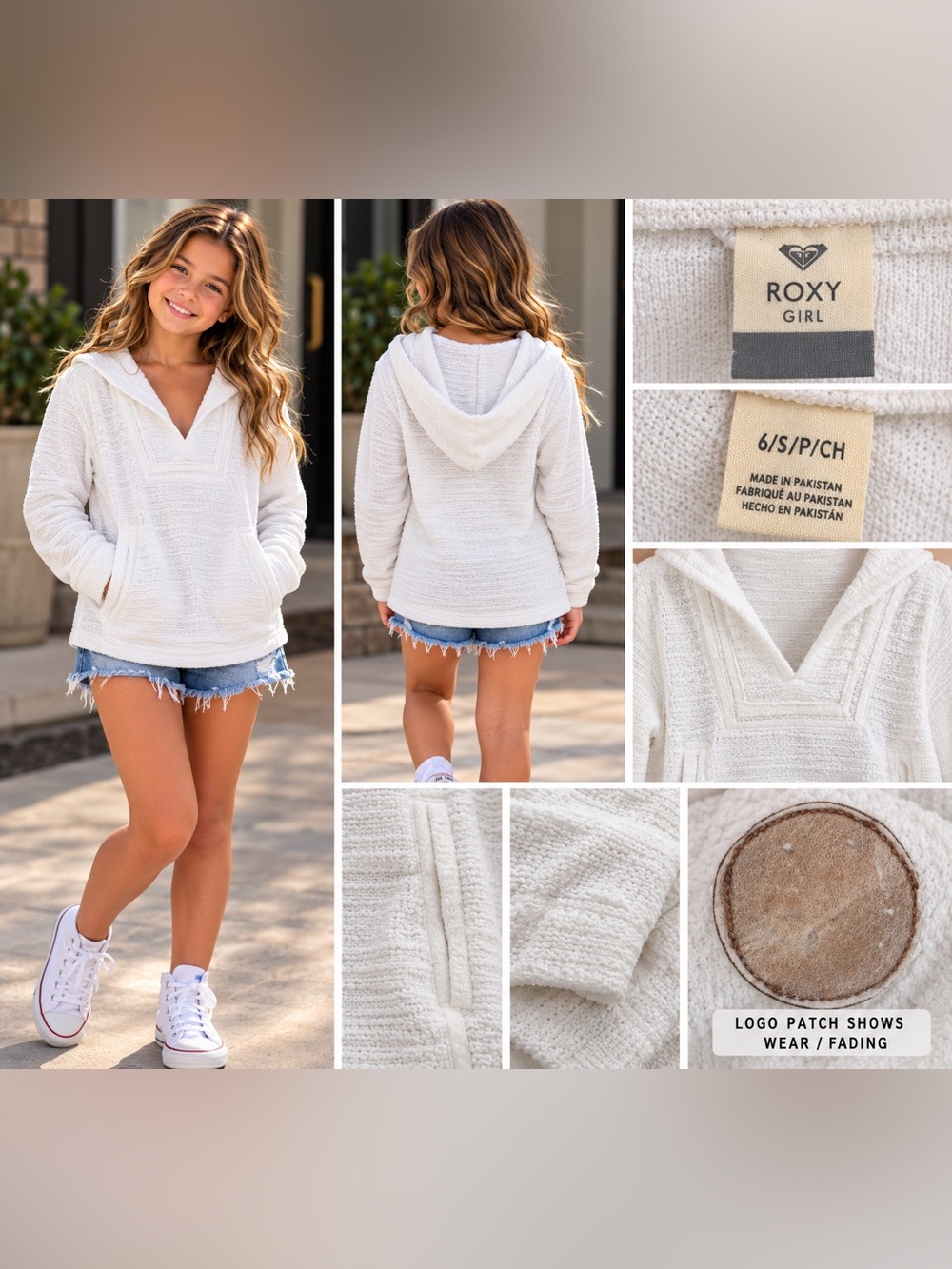 Roxy Girl Size 8. White Textured Hooded Pullover Surf Beach Hoodie. $22